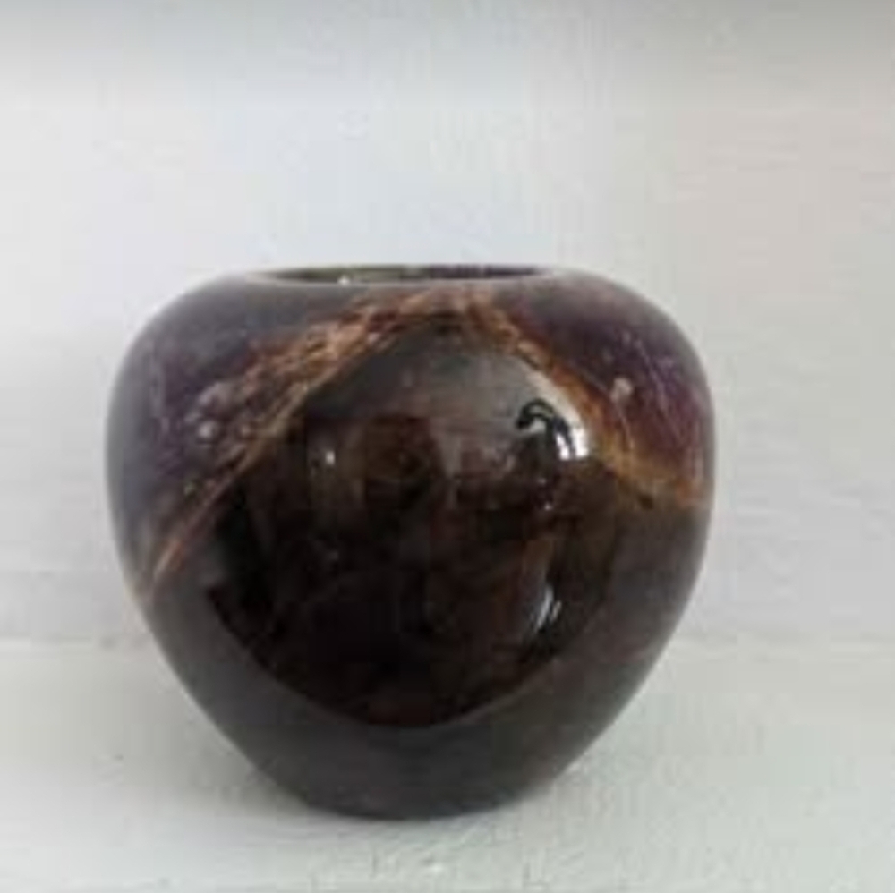 Natural Stone Apple Shaped Carved And Polished Vase. 3" Tall.